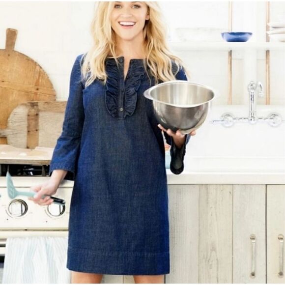 Draper James Chambray Denim Ruffle Dress - Picture 1 of 9